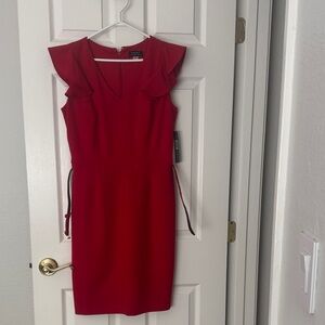 Tahari Arthur S Levine Red Ruffle-Sleeve Midi Dress with Side Tie Detail